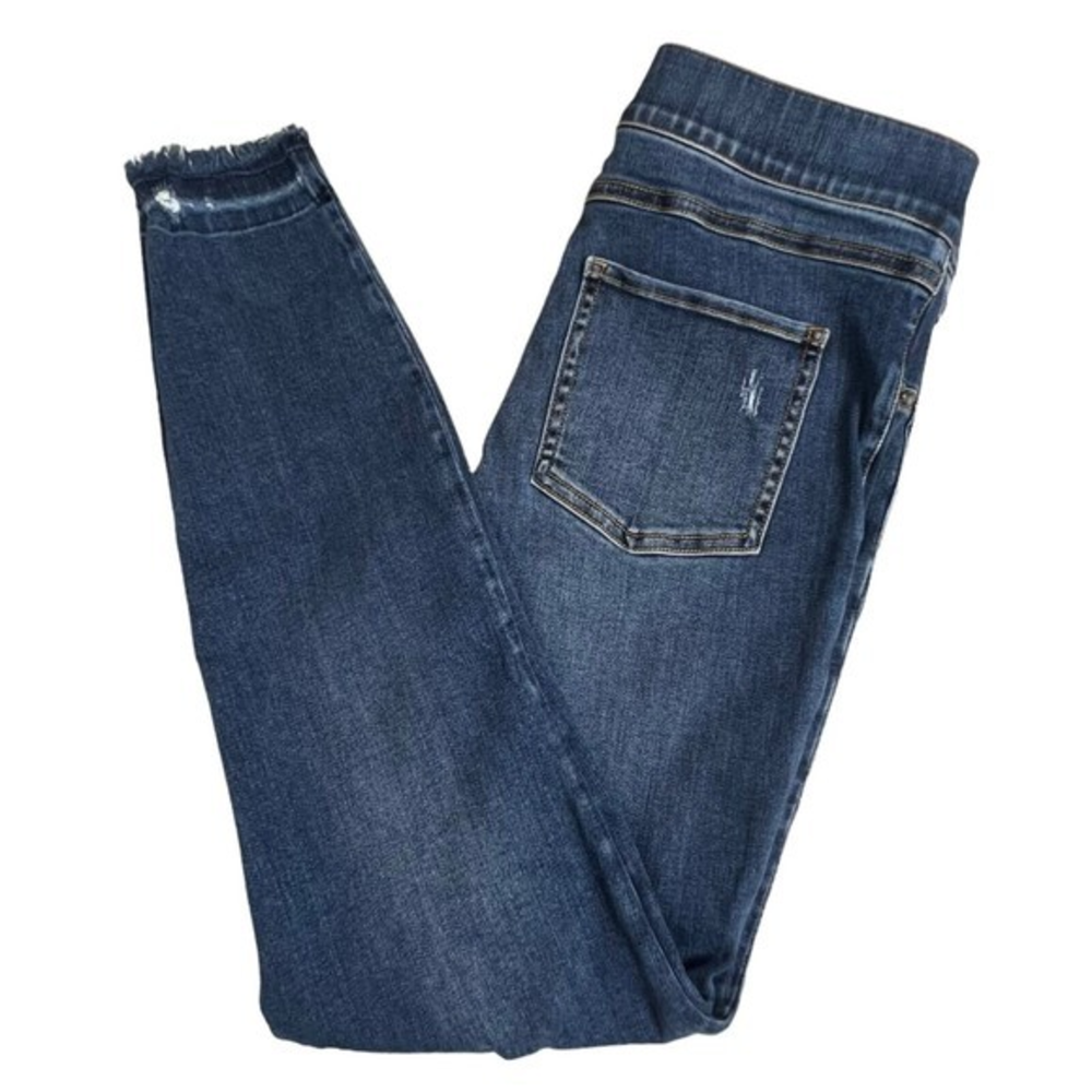 Spanx Womens Medium Wash Mid Rise Distressed Raw Hem Pull‎ On Skinny Jeans Small